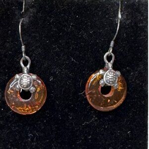 Vintage Amber Earrings Sterling Silver 925 Sea Turtle Drop Dangle Artisan Signed